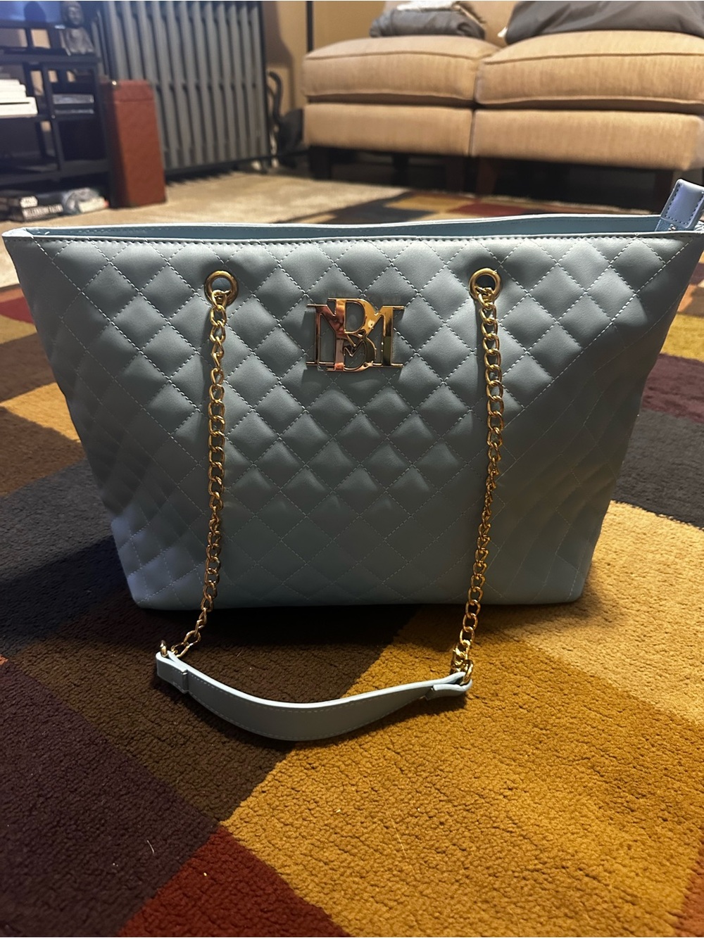 Badgley Mischka Quilted Light Blue Tote with Gold Chain Handles